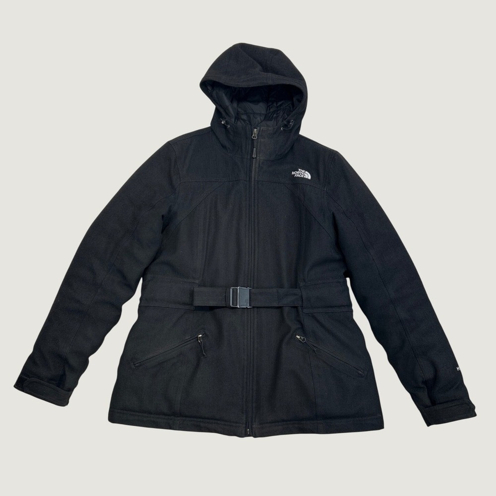The North Face Coat Womens L Black Wool Blend Hooded Belted Hyvent Gorpcore